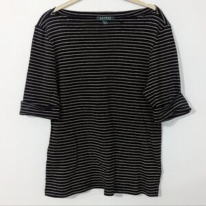 Lauren Ralph Lauren Wide Neck Cuffed Short Sleeve Shirt Classic Striped Size XL